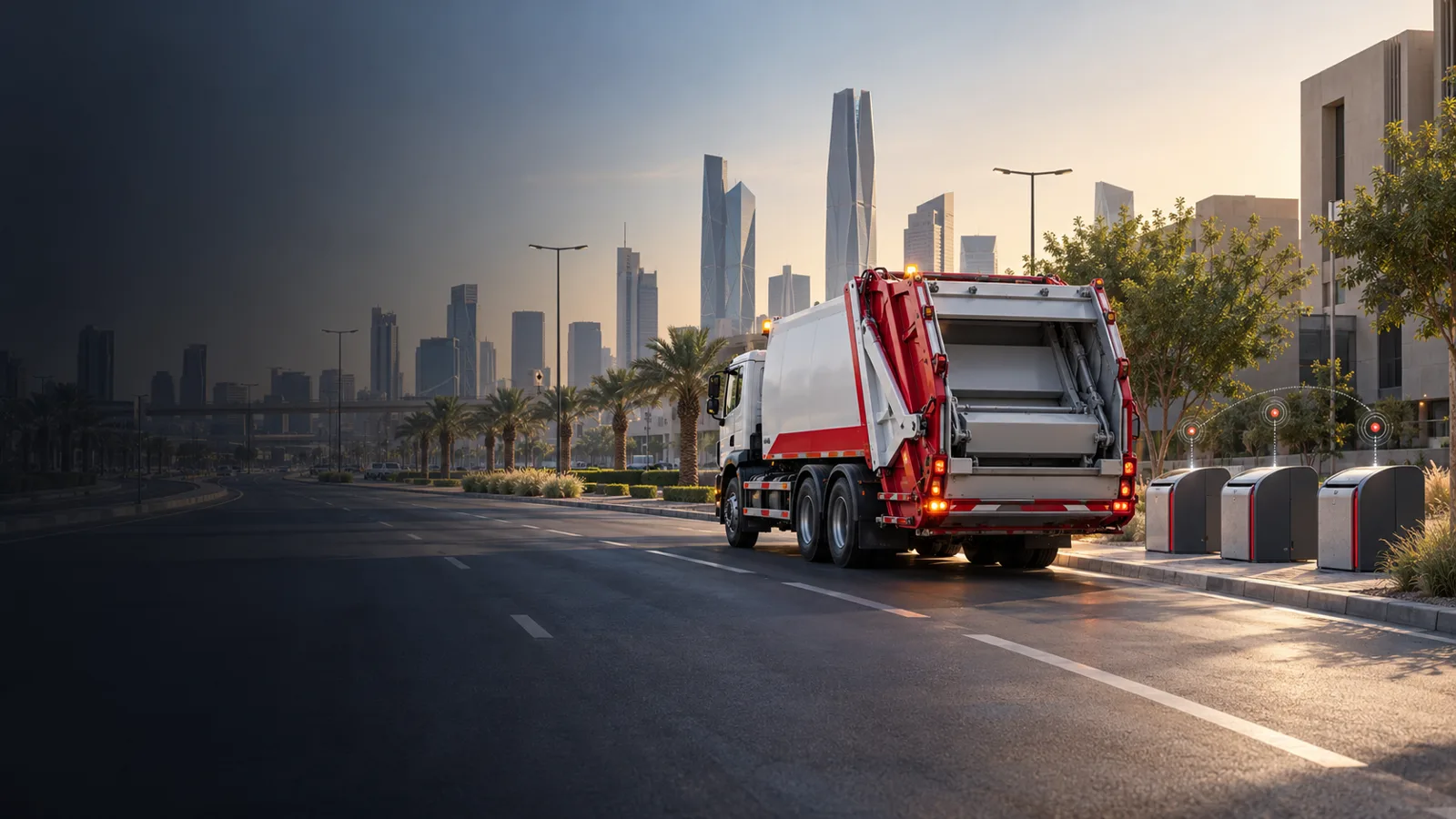 E-Vision connected waste collection vehicle with a white collector body and Saudi flags in Riyadh